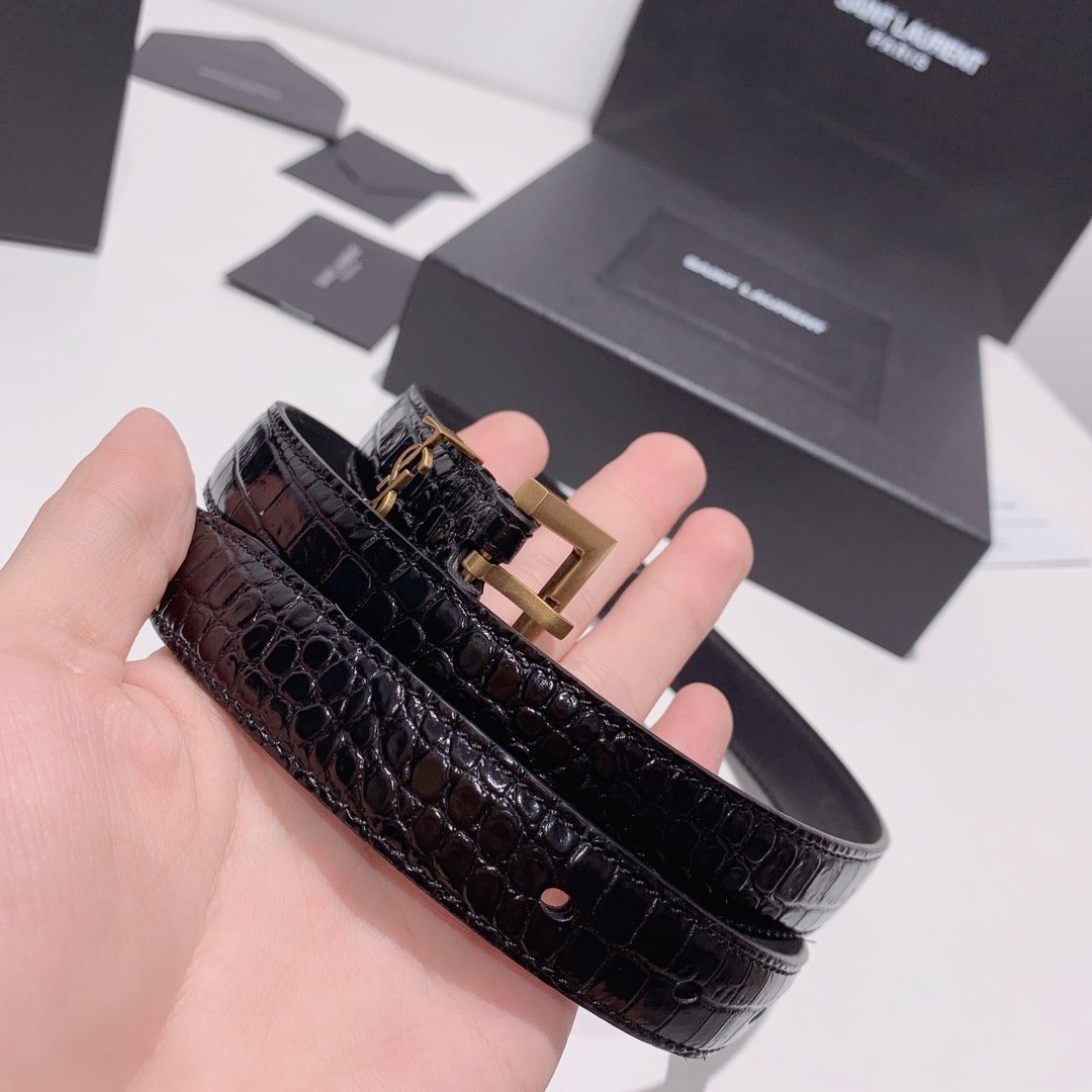 Sa1nt Lau*nt Croc Embossed Leather Belt Black And Gold 26267332