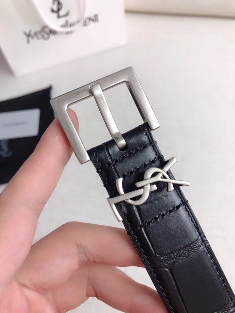 Sa1nt Lau*nt Croc Embossed Leather Belt Black And Silver 26267332