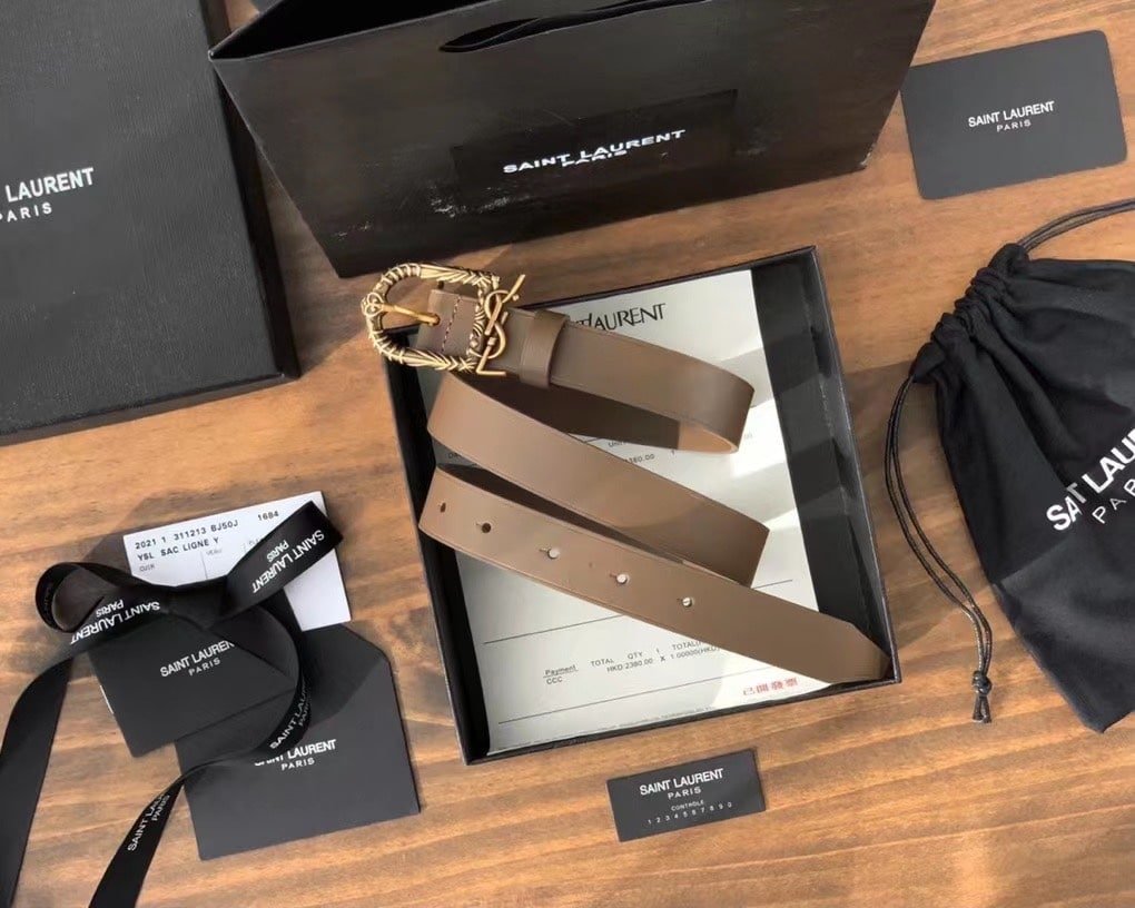 Sa1nt Lau*nt Monogram Celtic Leather Brown And Gold Belt 0400017970125