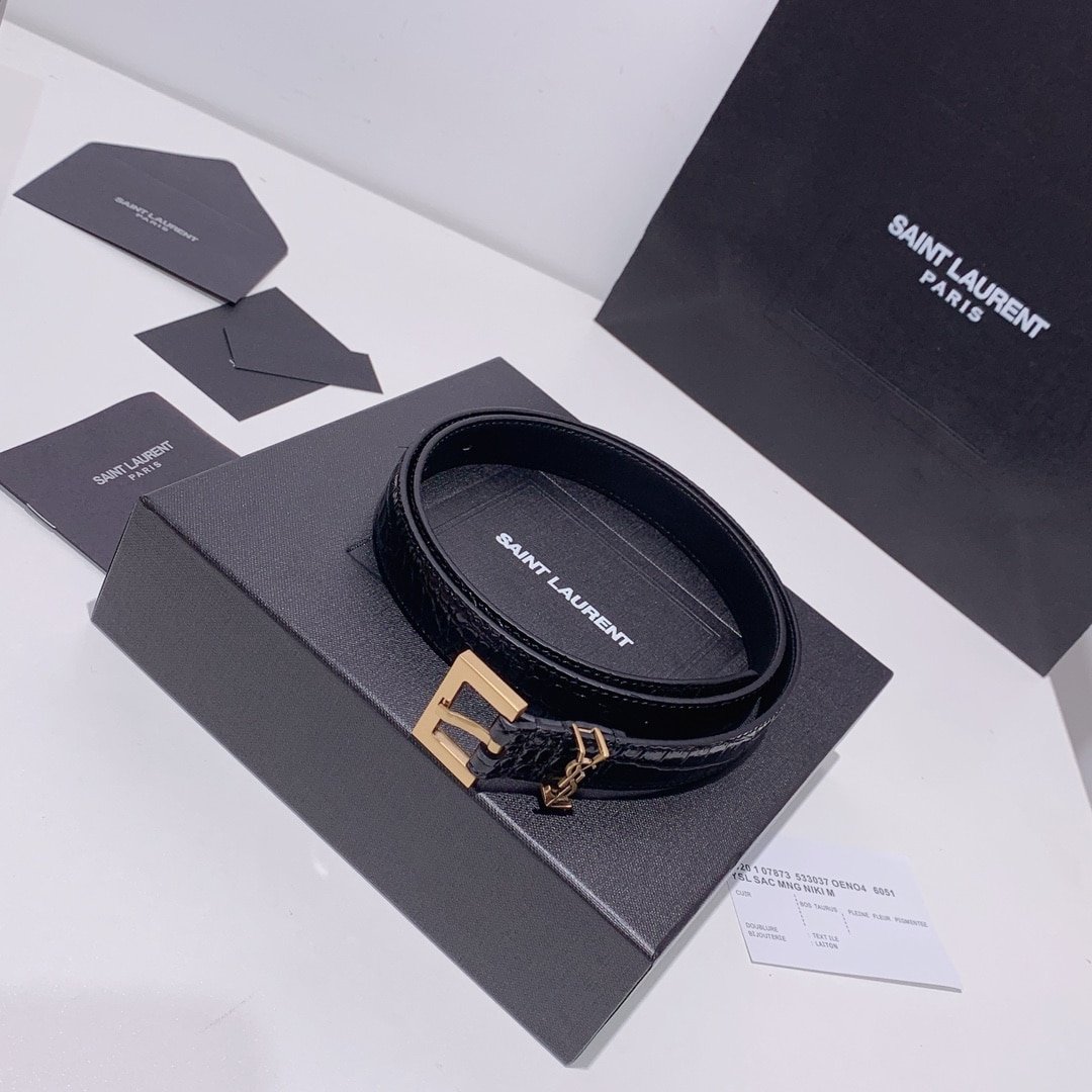 Sa1nt Lau*nt Croc Embossed Leather Belt Black And Gold 26267332