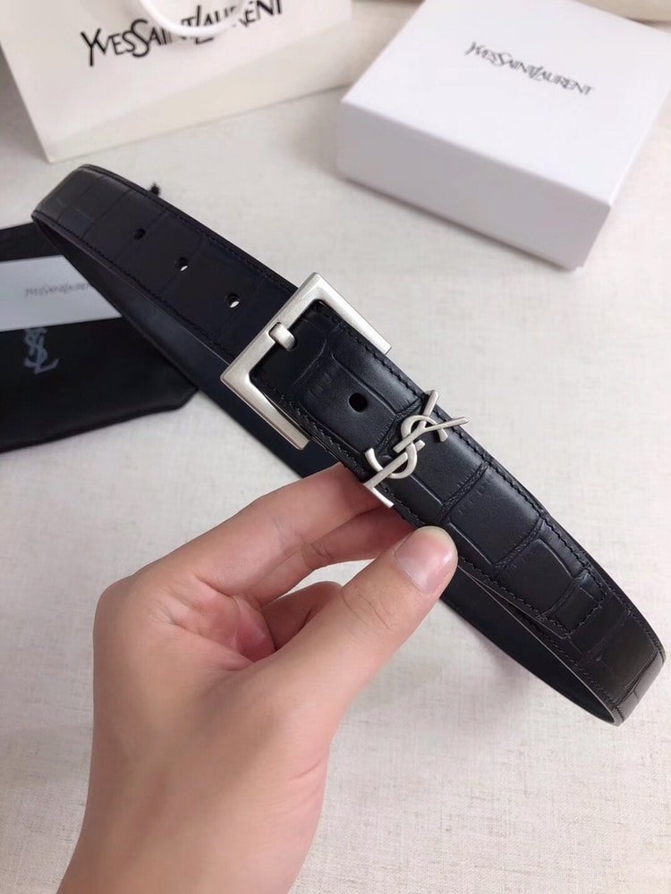 Sa1nt Lau*nt Croc Embossed Leather Belt Black And Silver 26267332