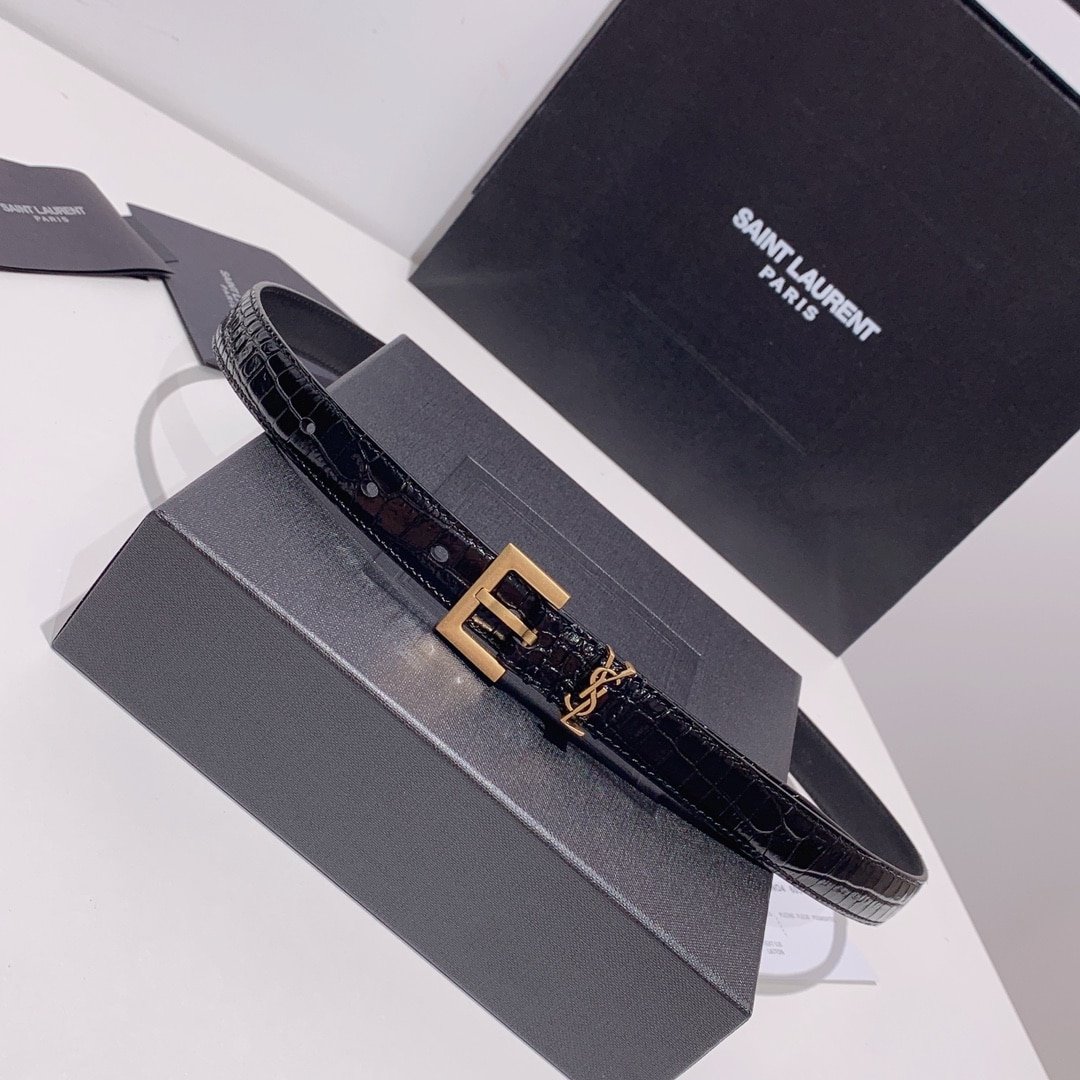 Sa1nt Lau*nt Croc Embossed Leather Belt Black And Gold 26267332