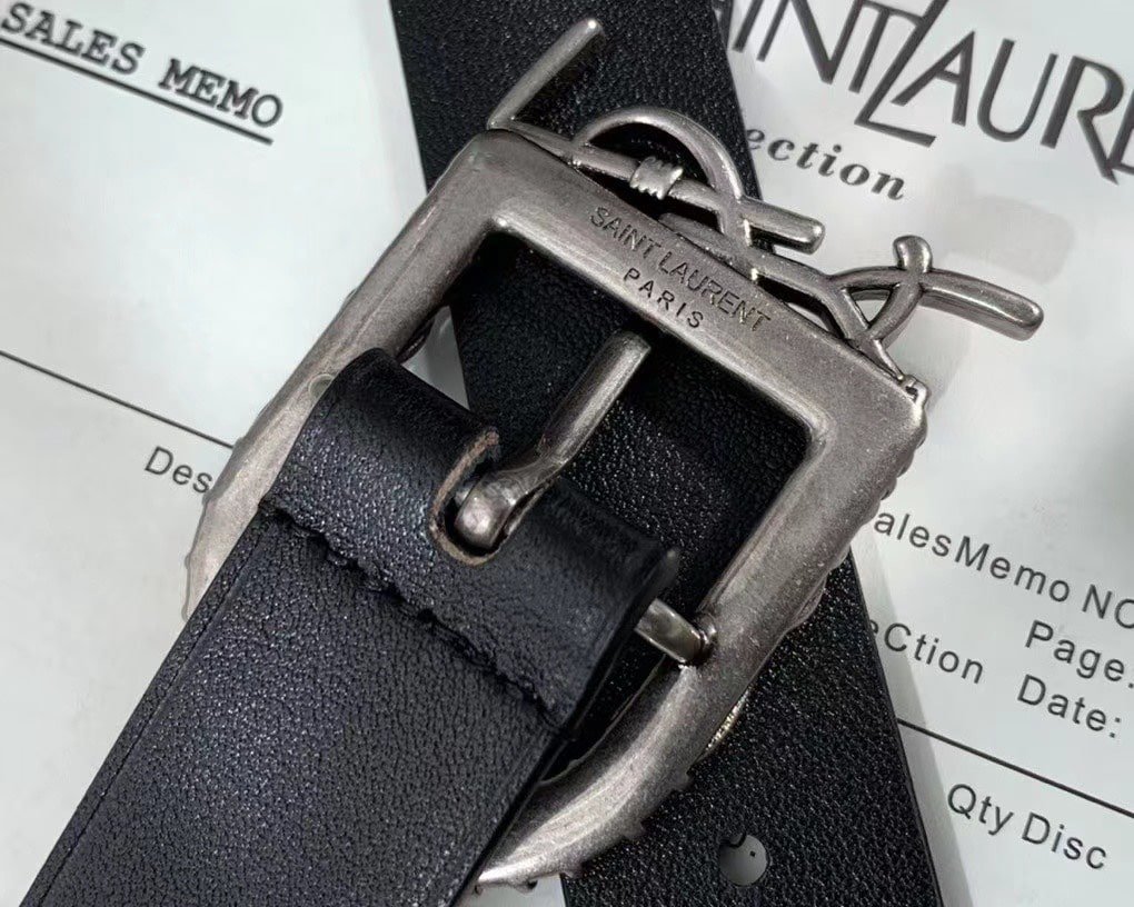 Sa1nt Lau*nt Monogram Celtic Leather Black And Silver Belt 0400017970125