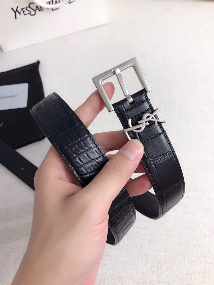 Sa1nt Lau*nt Croc Embossed Leather Belt Black And Silver 26267332
