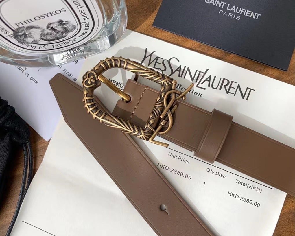 Sa1nt Lau*nt Monogram Celtic Leather Brown And Gold Belt 0400017970125