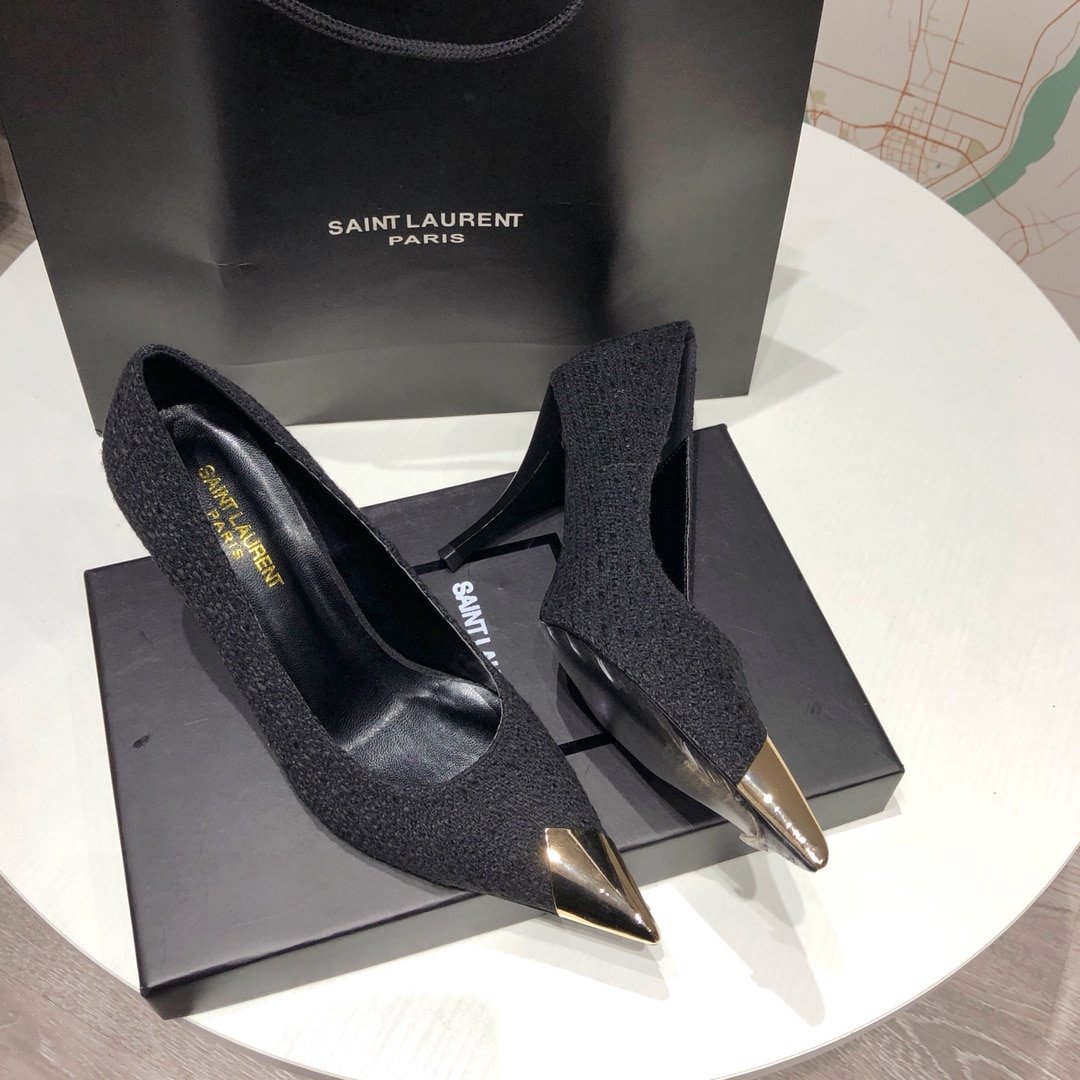 Sa1nt Lau*nt Vesper Leather Trimmed Bouclé Pumps Black