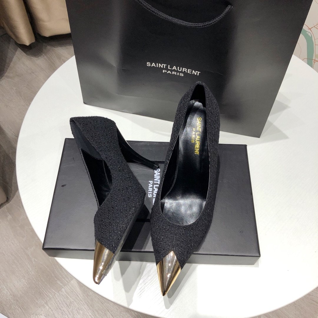 Sa1nt Lau*nt Vesper Leather Trimmed Bouclé Pumps Black
