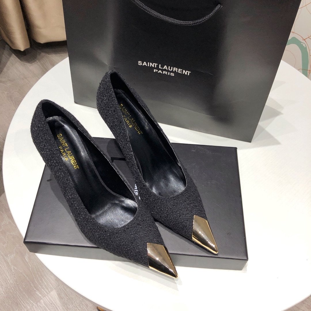 Sa1nt Lau*nt Vesper Leather Trimmed Bouclé Pumps Black