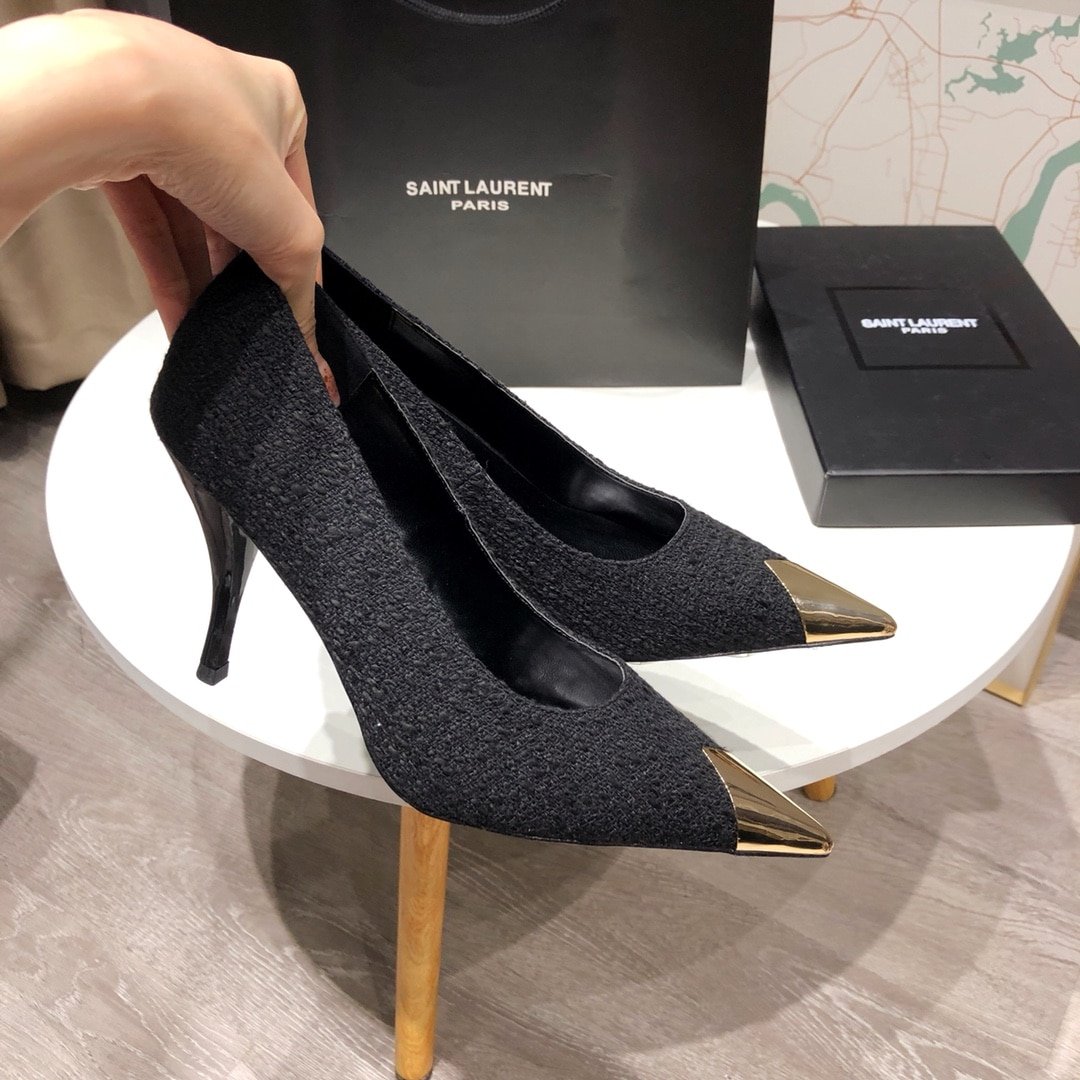Sa1nt Lau*nt Vesper Leather Trimmed Bouclé Pumps Black