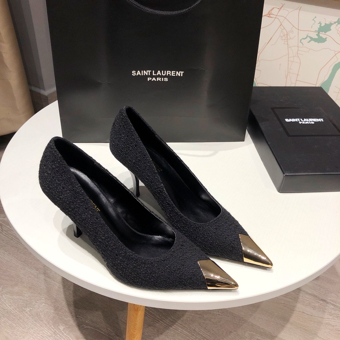 Sa1nt Lau*nt Vesper Leather Trimmed Bouclé Pumps Black