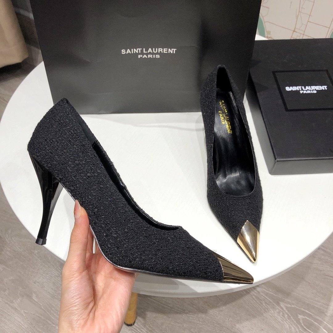 Sa1nt Lau*nt Vesper Leather Trimmed Bouclé Pumps Black