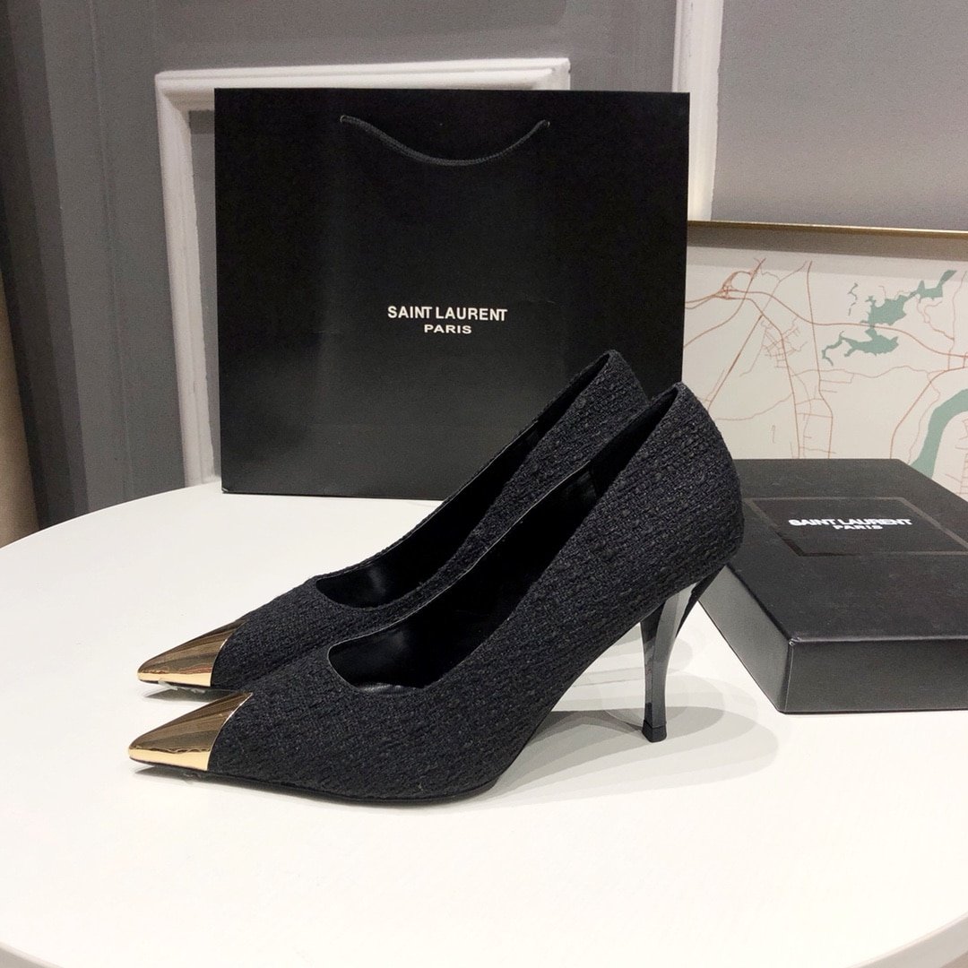 Sa1nt Lau*nt Vesper Leather Trimmed Bouclé Pumps Black