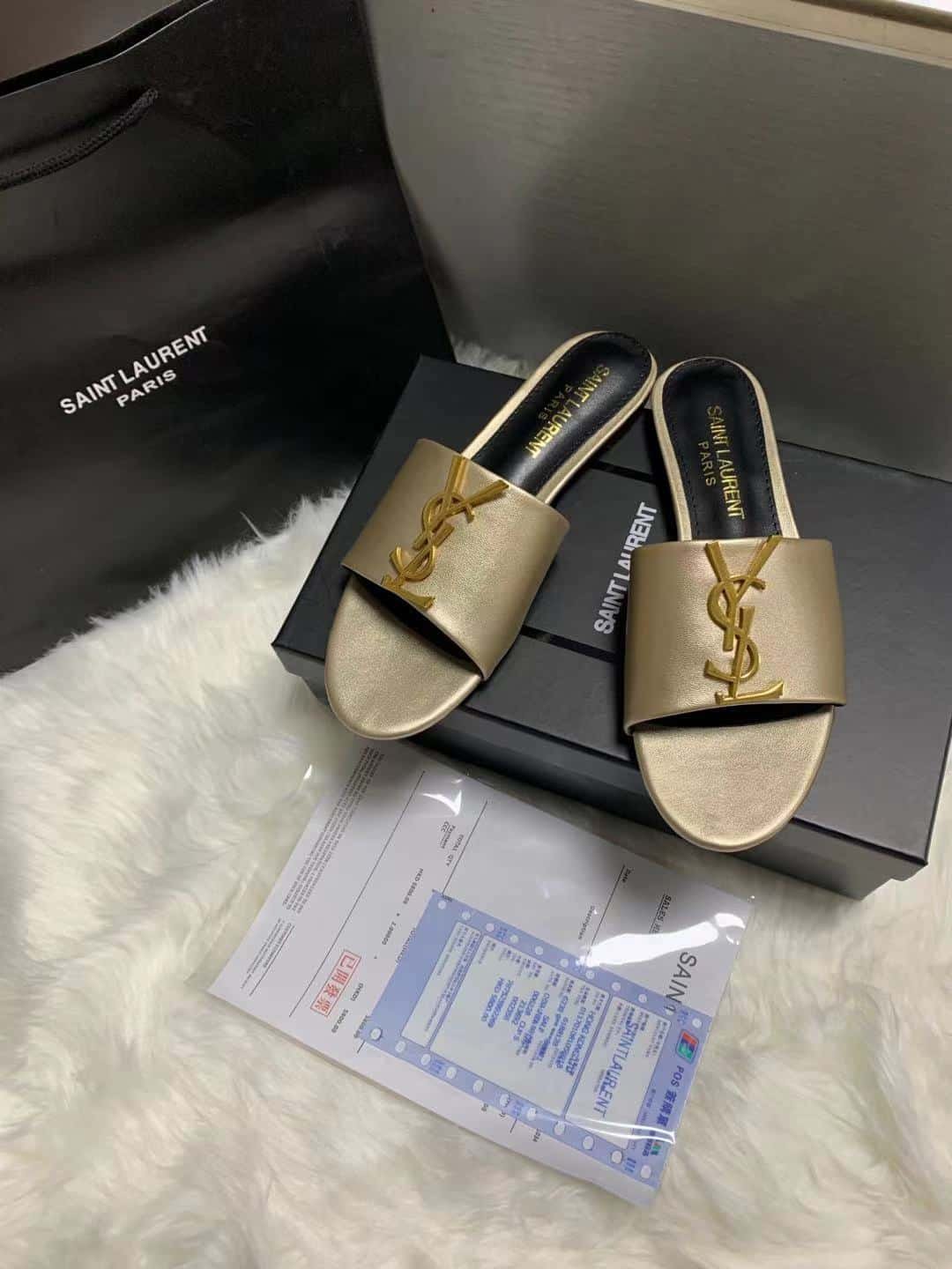 Sa1nt Lau*nt Logo Slippers Metallic