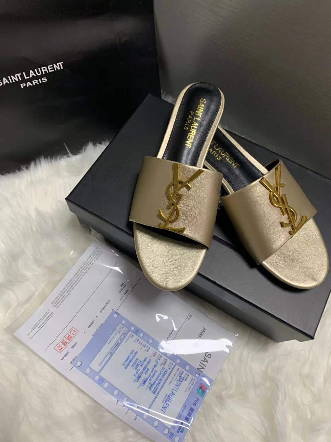 Sa1nt Lau*nt Logo Slippers Metallic