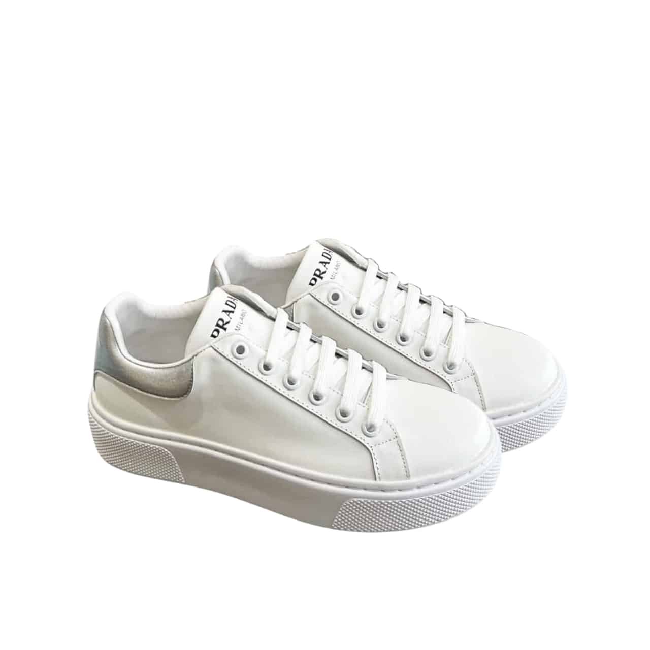 Pra*a Sneaker In White Leather With Silver Logo