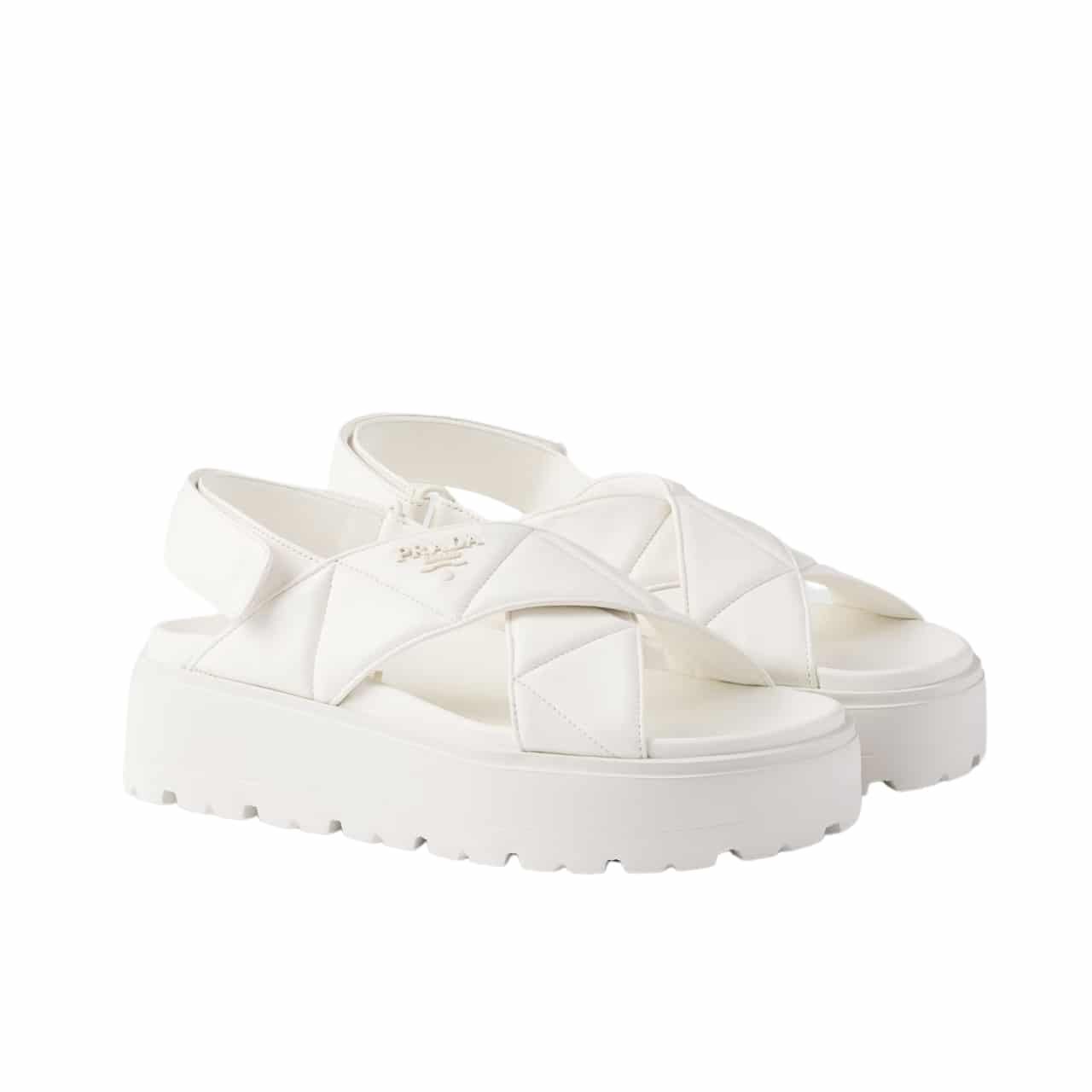 Pra*a Nappa Leather Crisscross Flatform Sandals Ivory 1Xz777 038 F0304 F 045