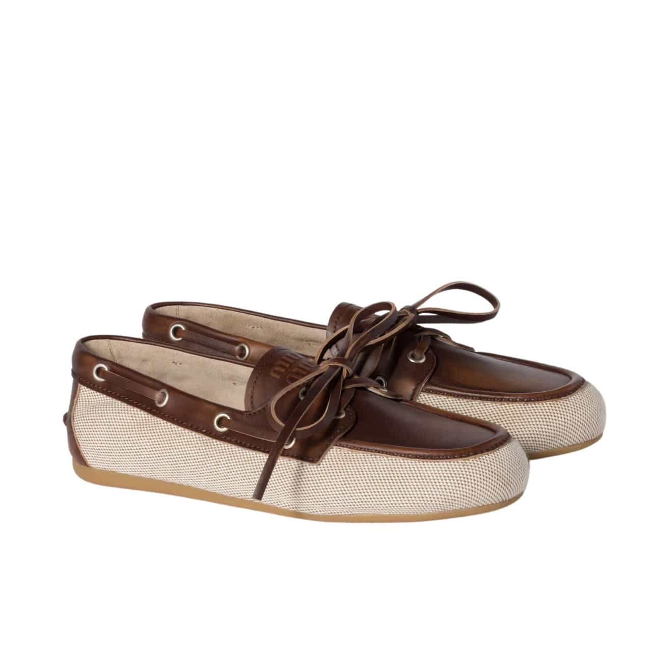 M1um1u Canvas And Bleached Leather Boat Shoes Beige 5D376E 3Lqm F0J51 F 005