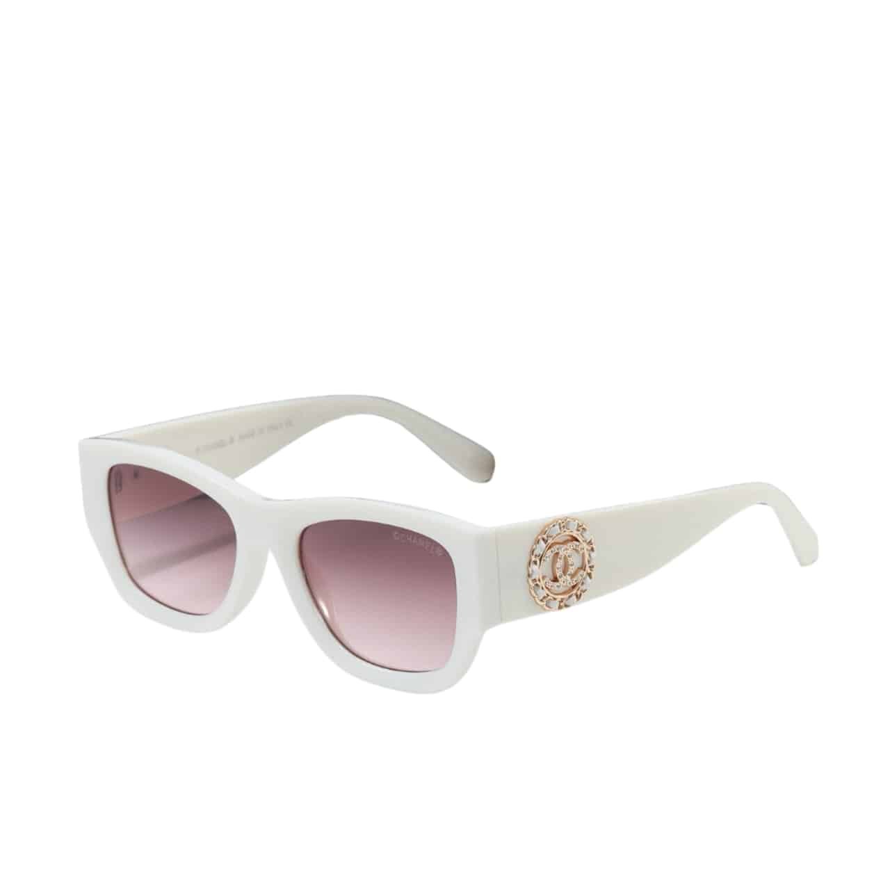 Ch**el Cc Logo Square Sunglasses White In Pink