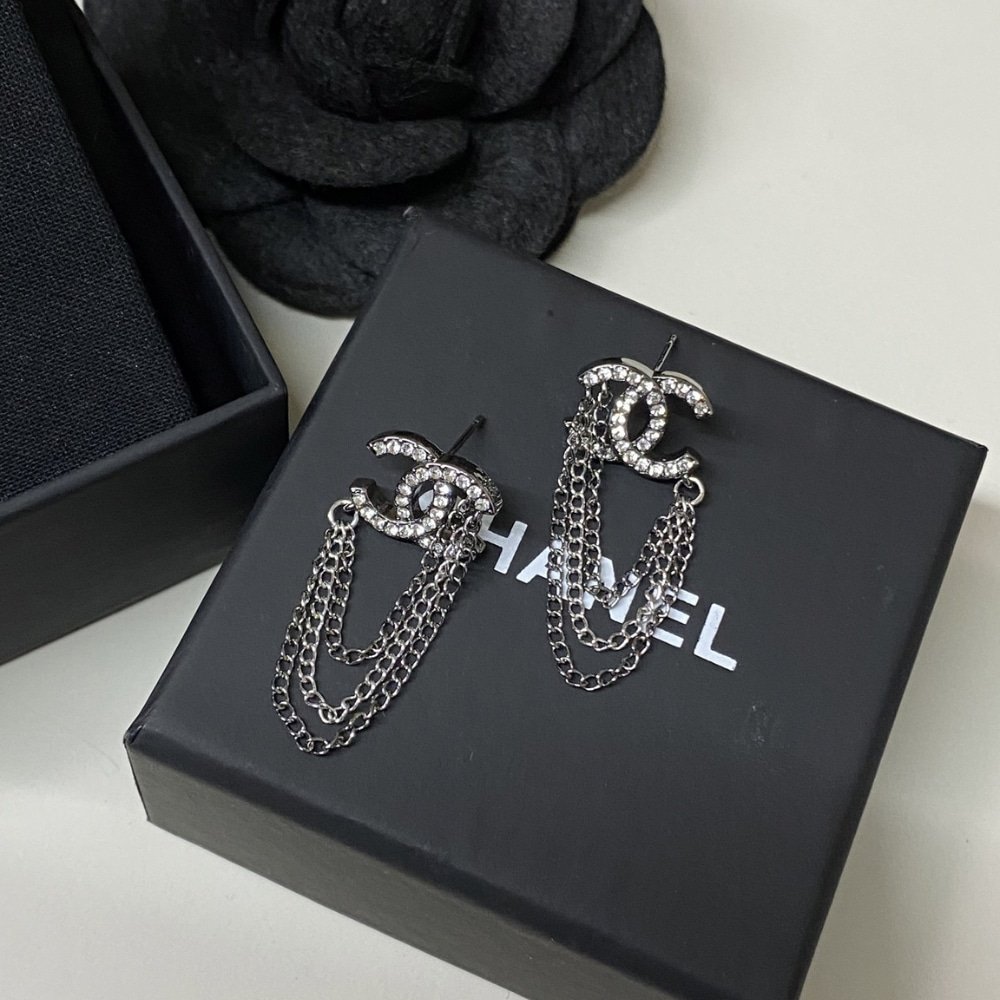 Ch**el Stud Earrings With Crystal And Multi Chain In Silver Tone