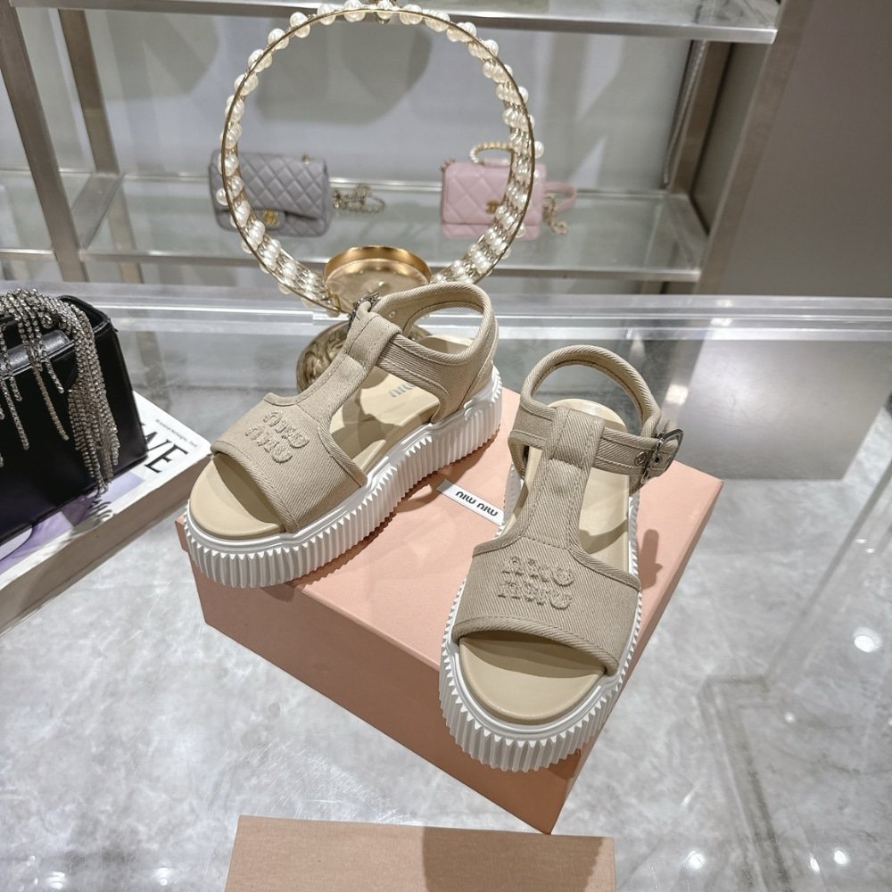 M1um1u Denim Flatform Sandals Colonial Beige 5X402E Csl F0044 F 045
