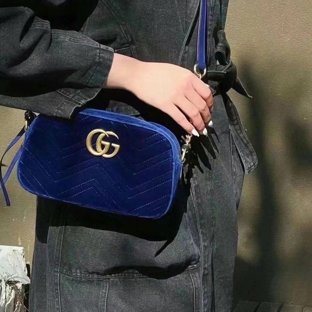 Gvc*1 Small Gg Marmont Camera Bag Velvet Dark Blue 23Cm