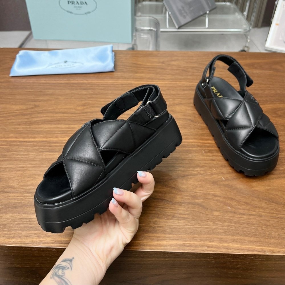 Pra*a Nappa Leather Crisscross Flatform Sandals Black 1Xz777 038 F0002 F 045