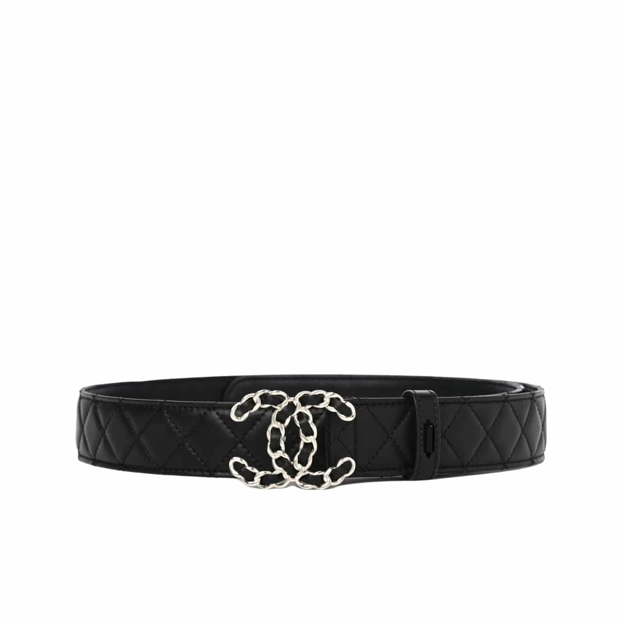 Ch**el Cc Belt Silver Chain And Black Leather 28Mm