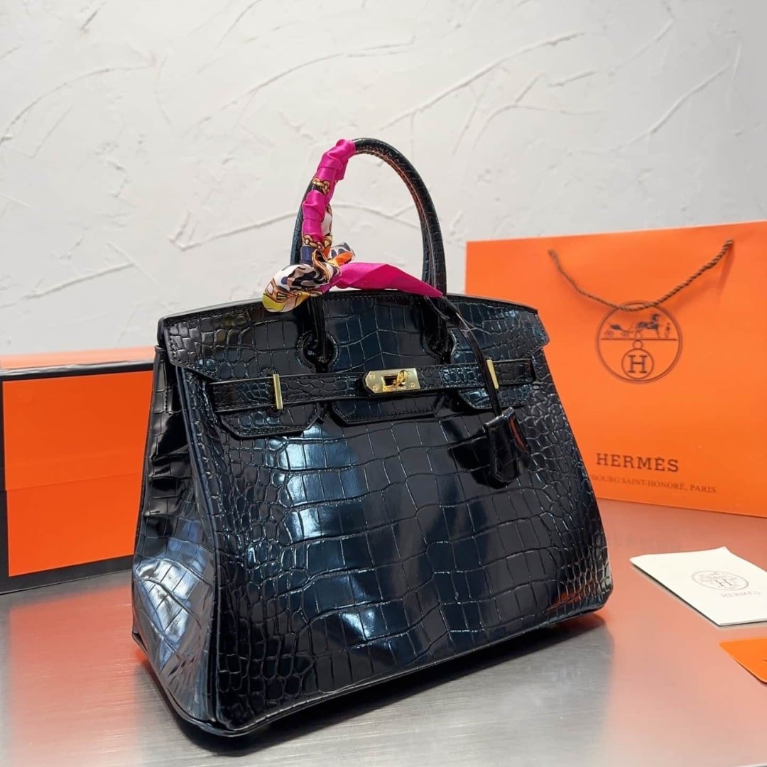 H**me5 Birkin 30 Shiny Porosus Crocodile Black Noir 30Cm