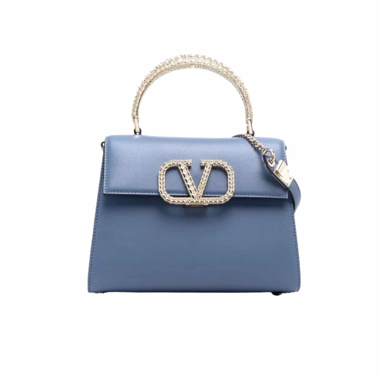 Va1e*ntin0 Garavani Vsling Crystal Embellished Leather Handbag Blue 18Cm