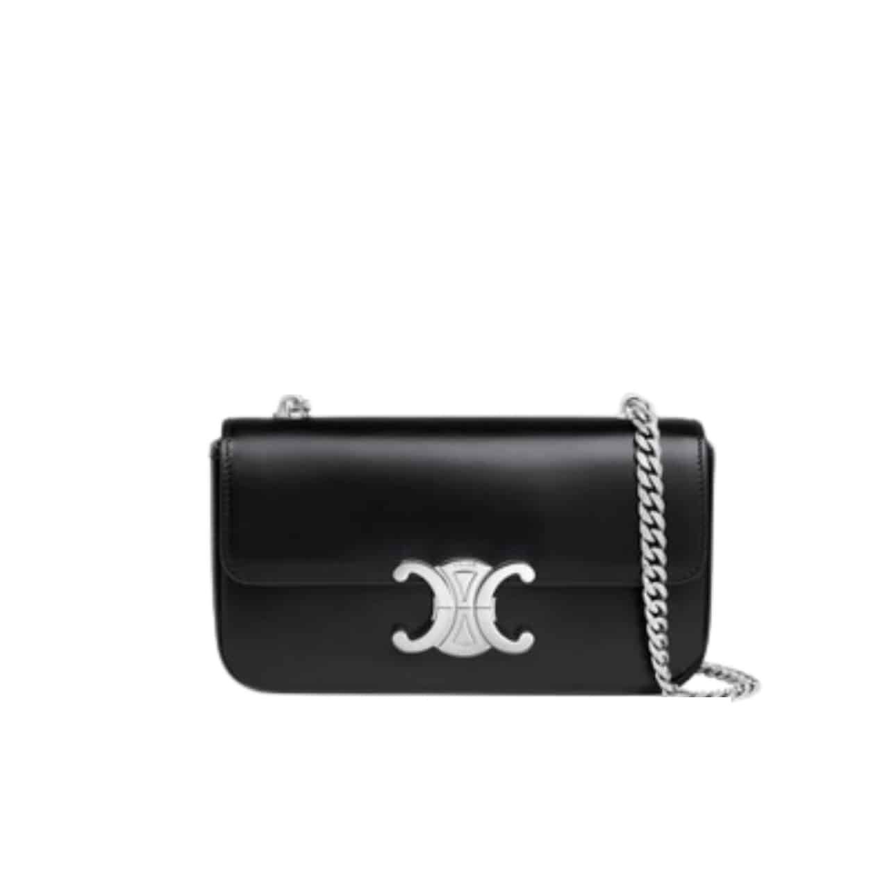 Ce1i*e Chain Triomphe In Shiny Calfskin Shoulder Bag Silver Black 20Cm 115203Bf4 38Si