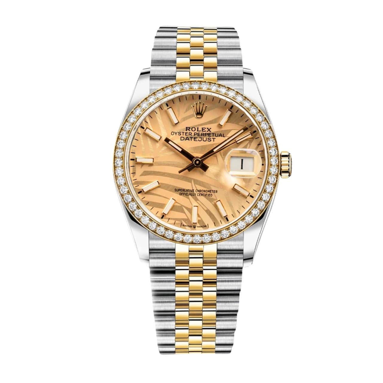 R01ex Datejust Gold Dial With Silver And Gold Strap Palm Leaf Pattern 36Mm 126200 0086