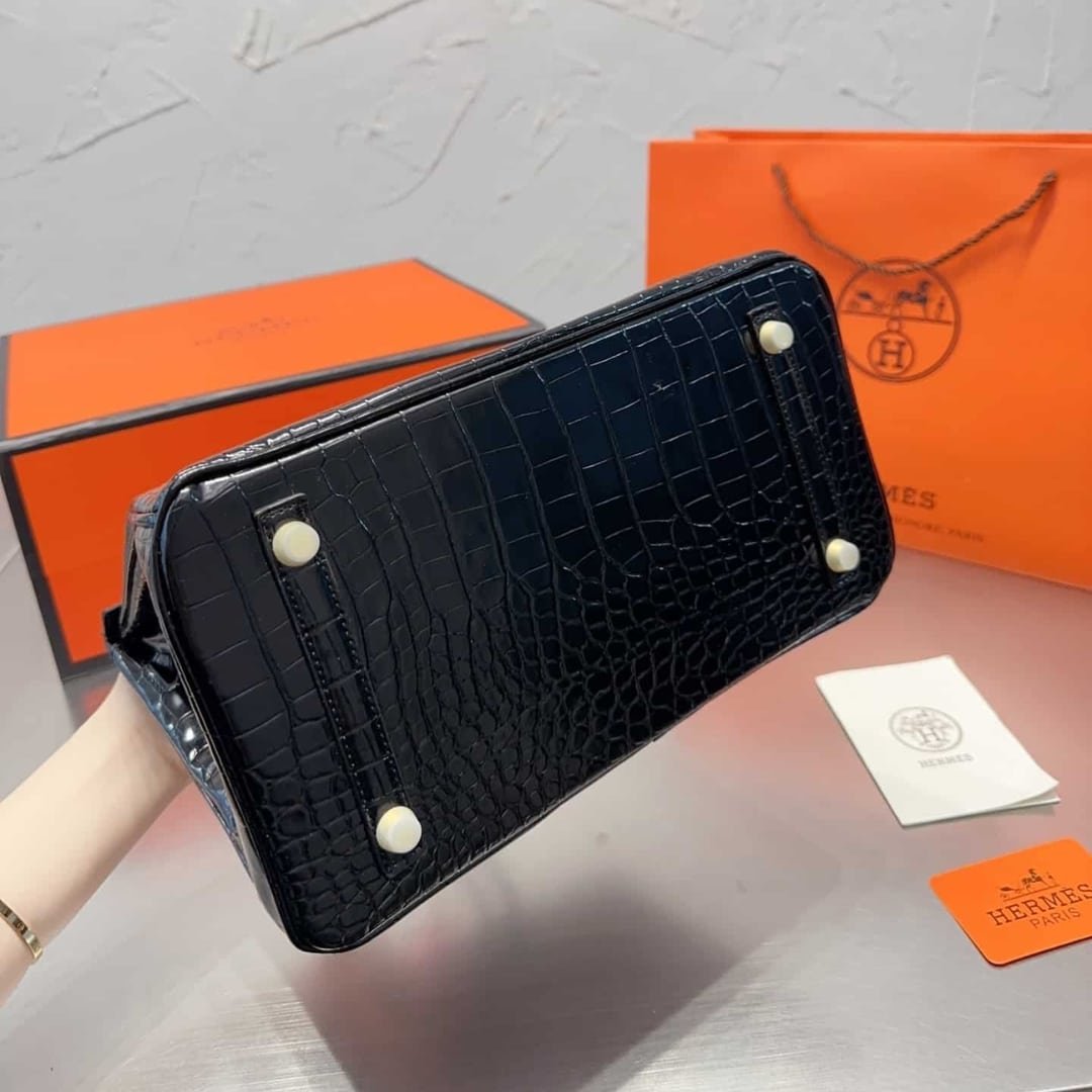 H**me5 Birkin 30 Shiny Porosus Crocodile Black Noir 30Cm