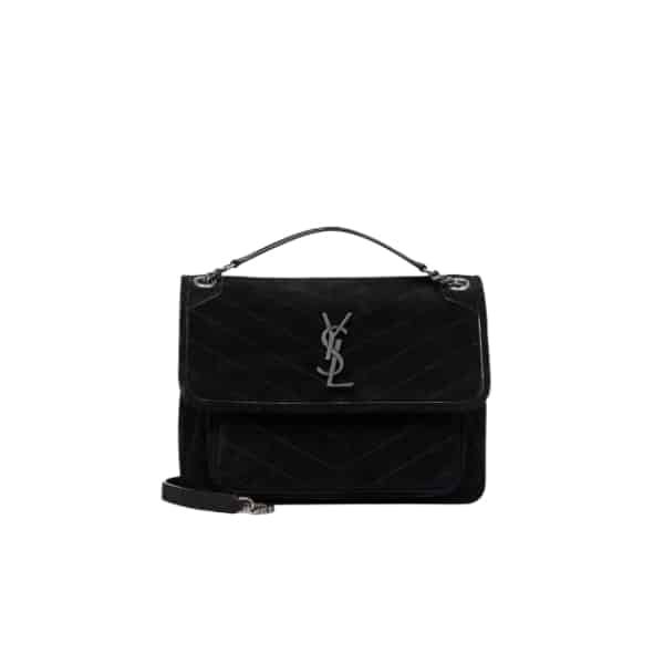 Sa1nt Lau*nt Niki Medium Quilted Suede Shoulder Bag Black