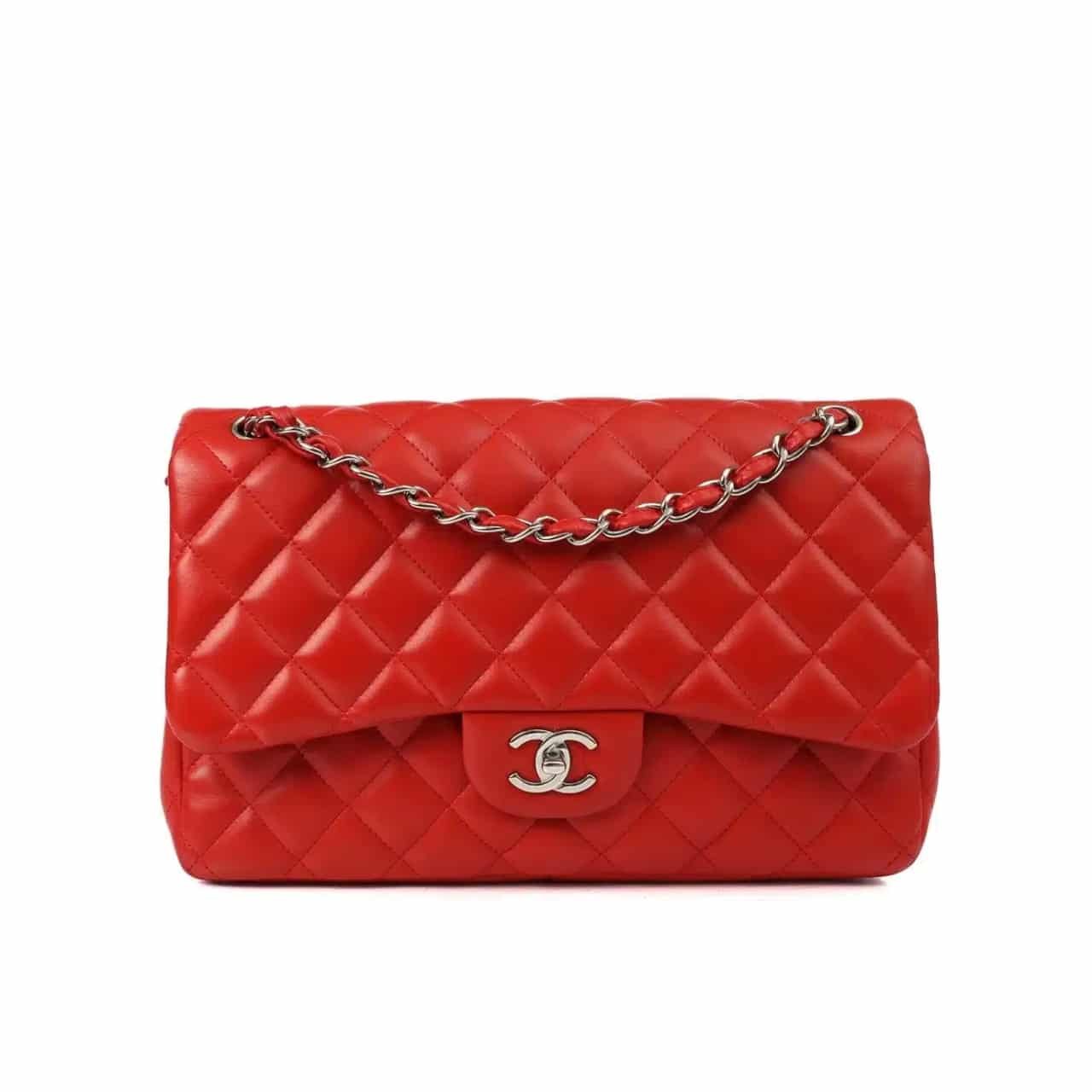 Ch**el Medium Classic Double Flap Red Silver Hardware 25.5Cm