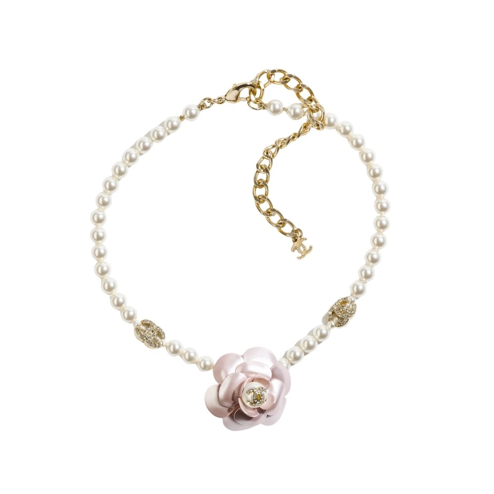 Ch**el Choker In Metal Glass Pearls Gold With Pink Pearly Flower ABA025 B09960 NL921