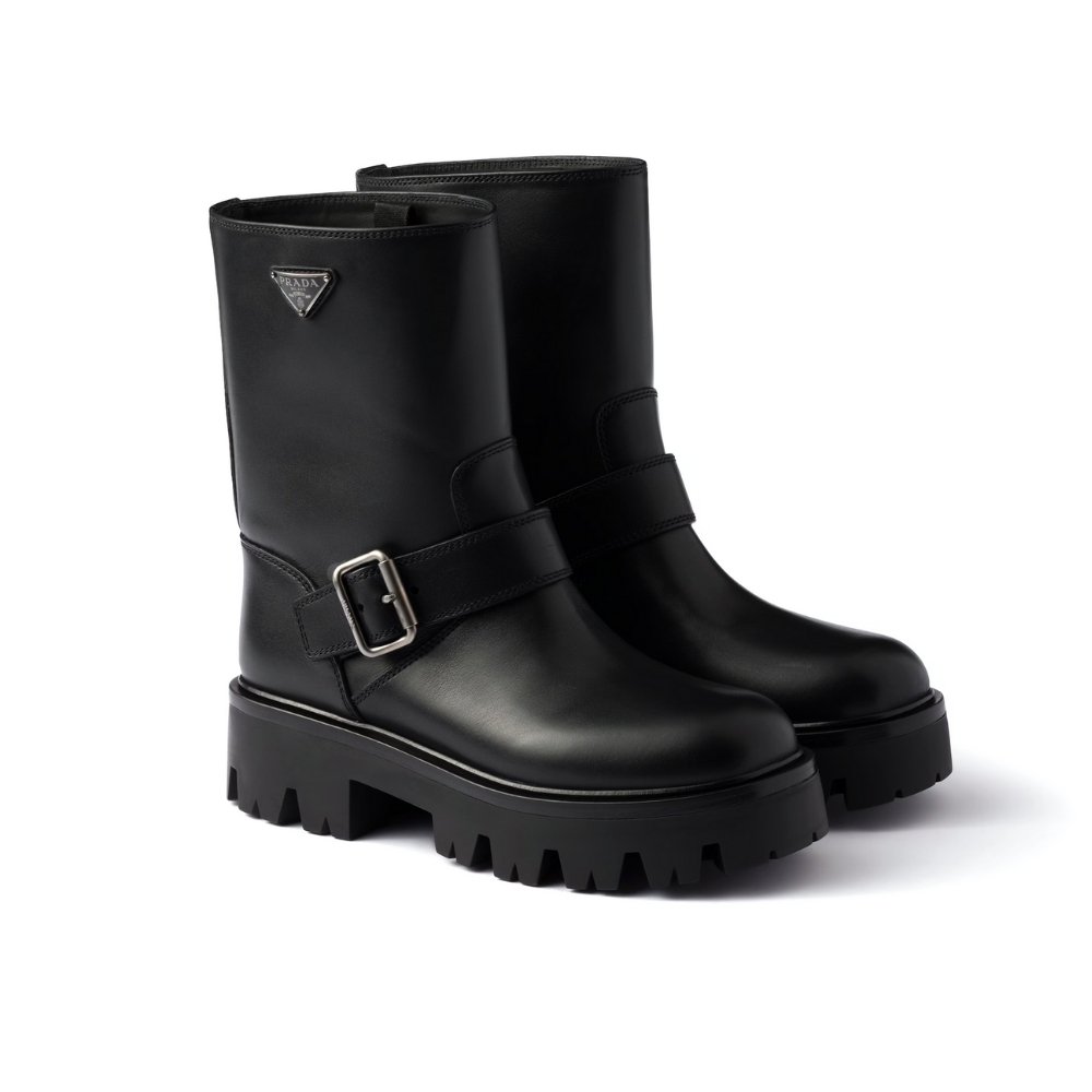 Pra*a Leather Booties Black 1U187O Uze F0002 F 050