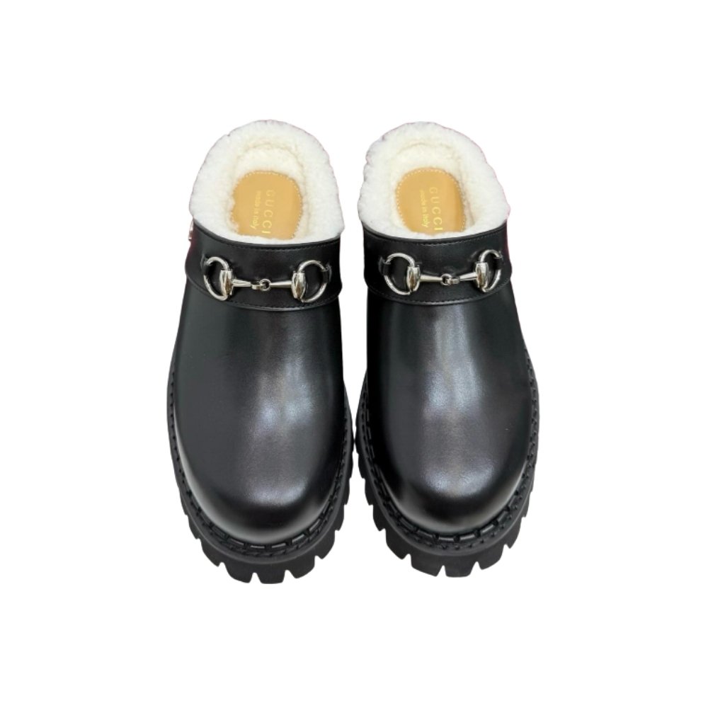Gvc*1 Horsebit Shearling Mules In Black Leather