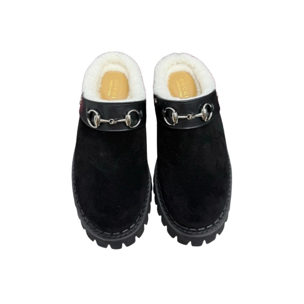 Gvc*1 Horsebit Shearling Mules In Black Suede