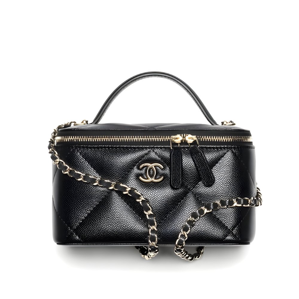Ch**el Long Vanity With Chain Grained Shiny And Gold Tone Metal Black 19Cm Ap4933 B22105 94305