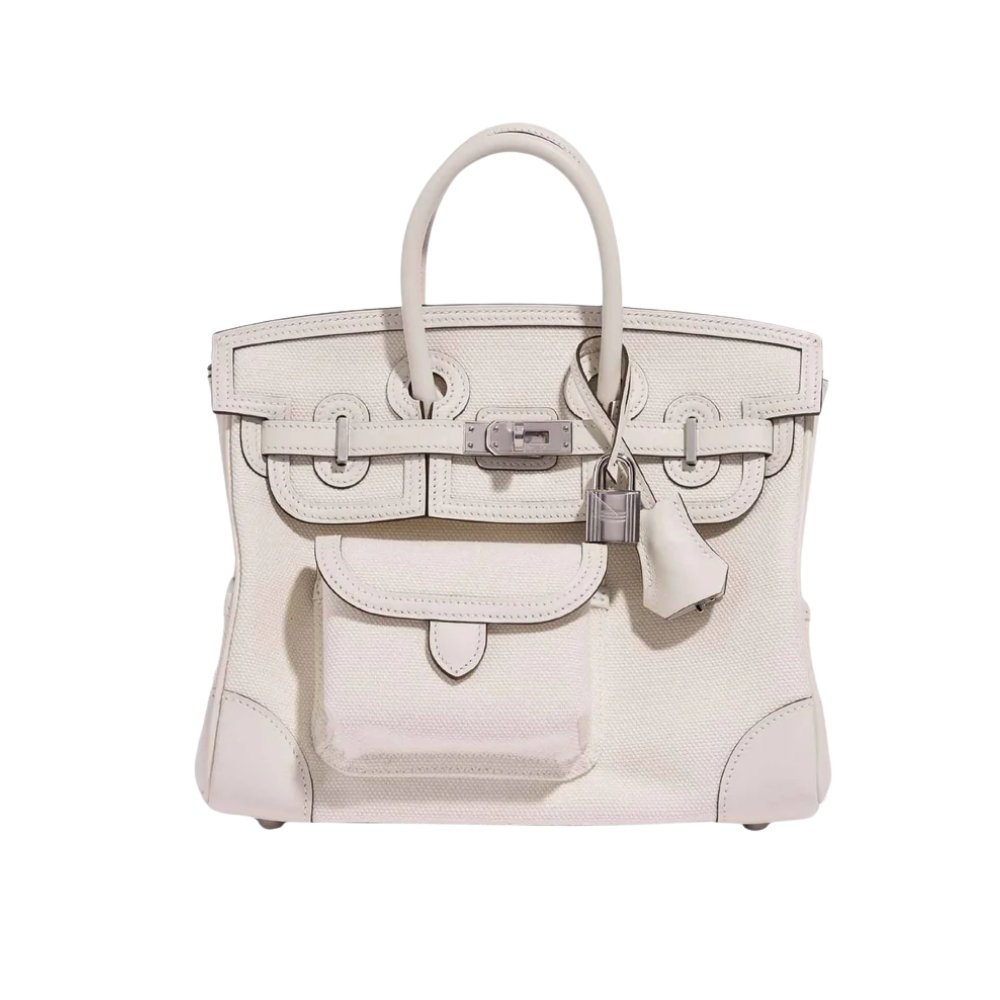 H**me5 Birkin Cargo 25 Travel Bag White Toile Goeland 25Cm