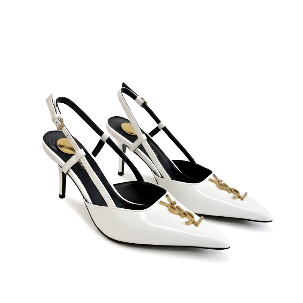 Sa1nt Lau*nt Pointed Toe Slingback Pumps With Gold Tone Metal White