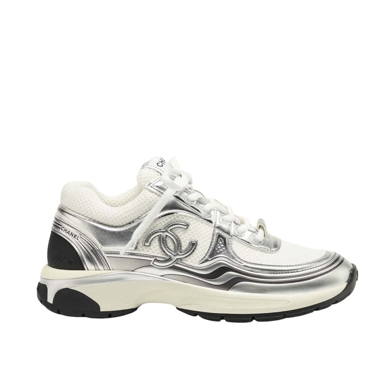 Ch**el 23C Silver Metallic Cc Logo Lace Up Flat Runner Trainer Sneaker White And Silver G39792 Y56368 K5451