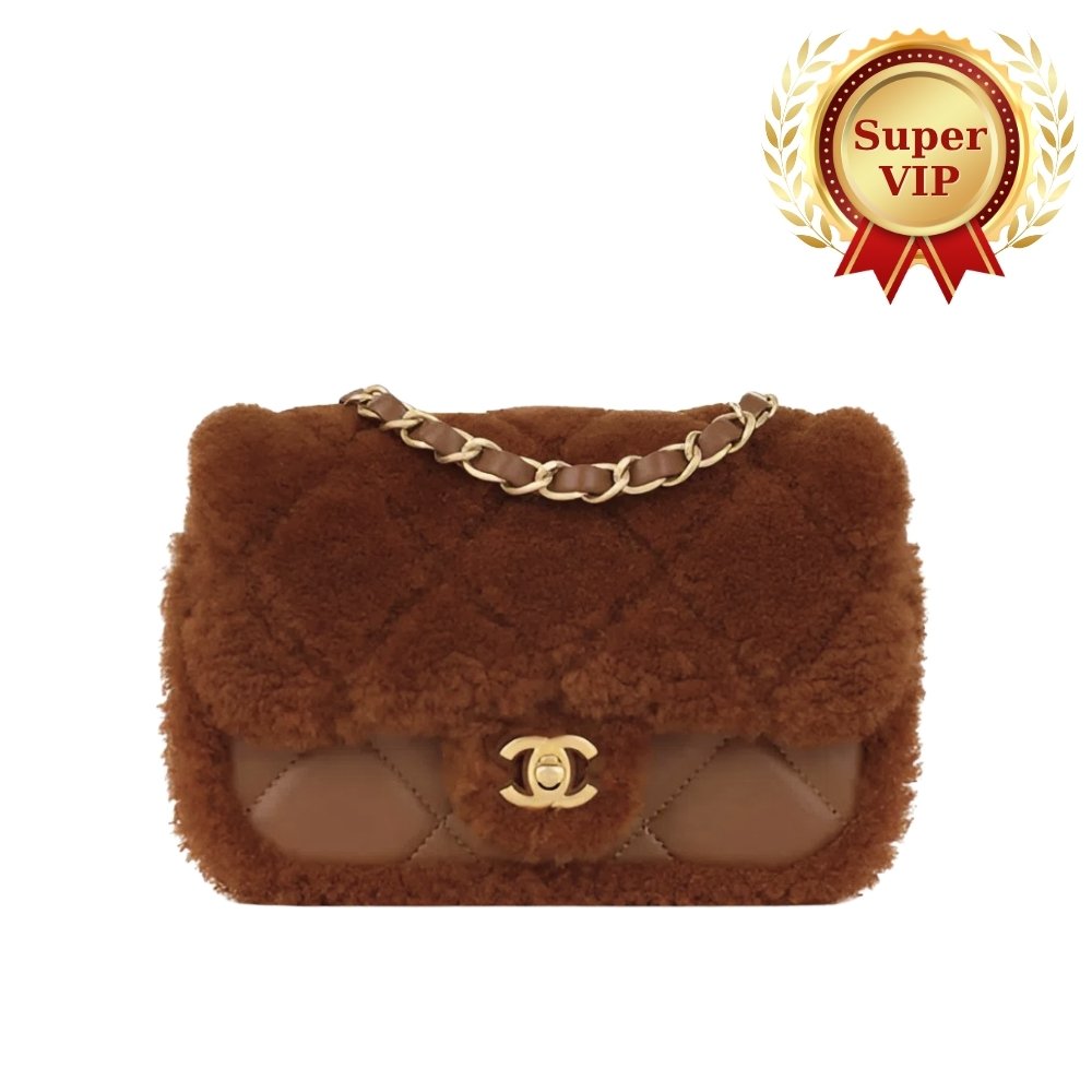 [S*per Vip 1:1] Ch**el Flap Bag Teddy Shearling And Gold Tone Metal Brown 19Cm