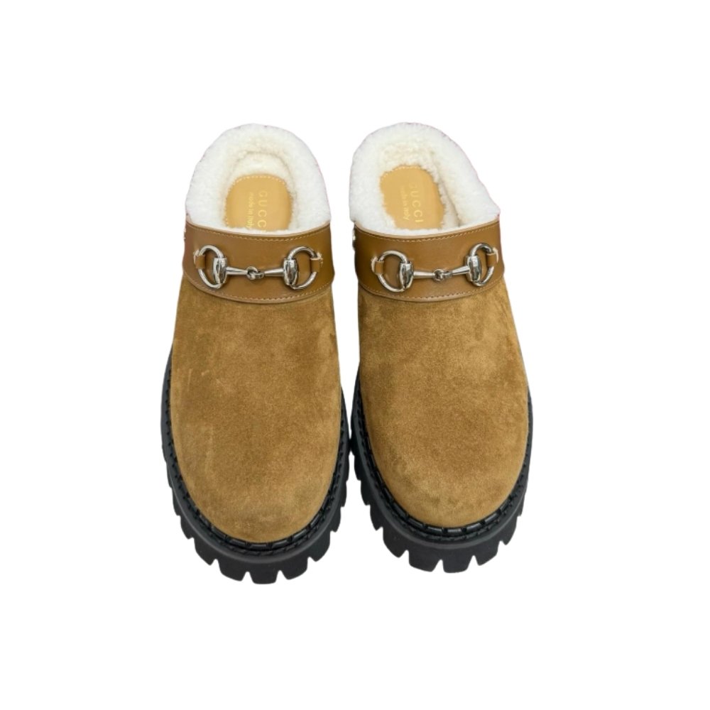 Gvc*1 Horsebit Shearling Mules In Brown Suede