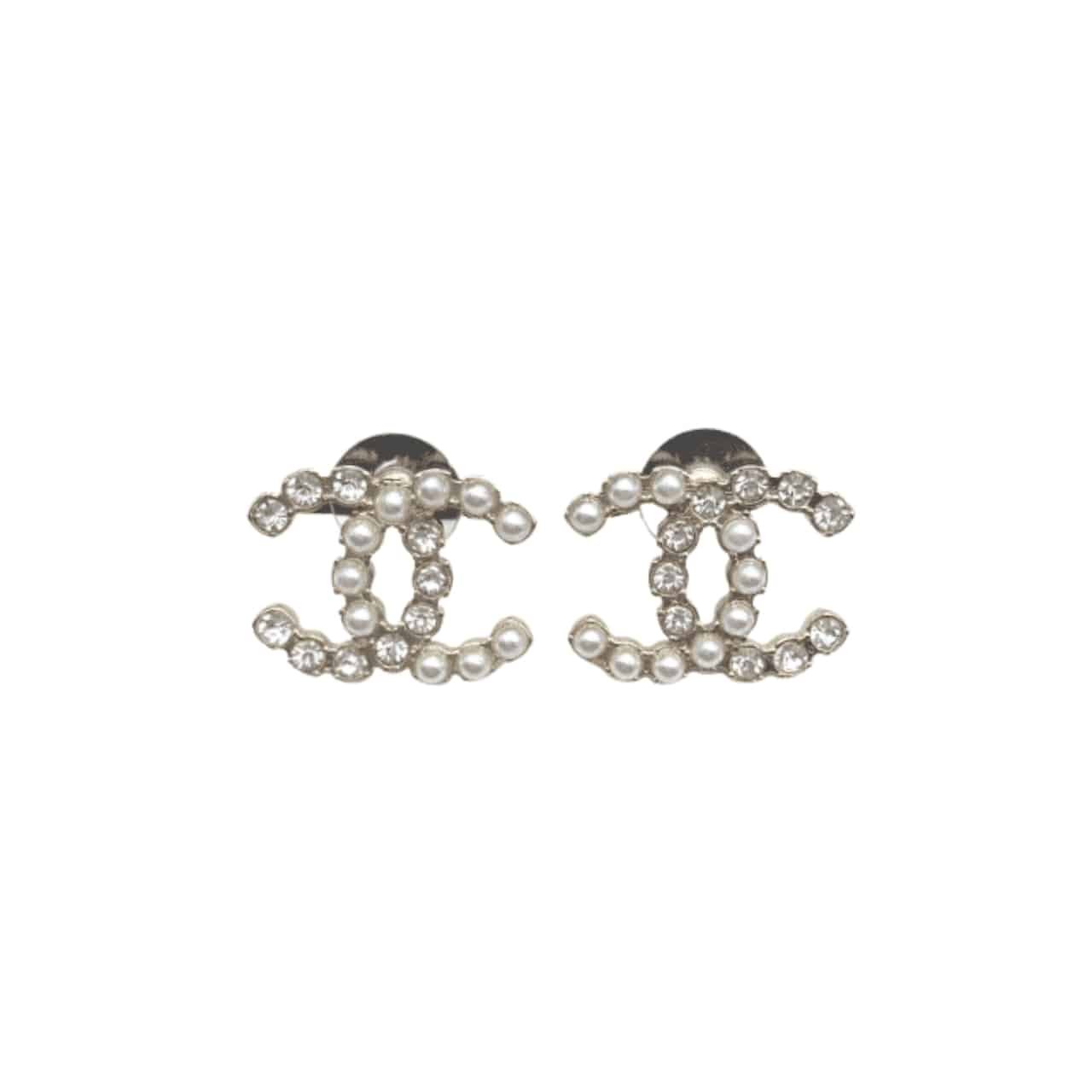 Ch**el Cc Crystal Pearl Silver Earrings