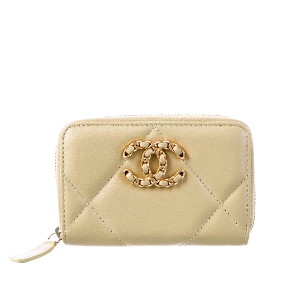 Ch**el 19 Card Holder With Zipper Leather Beige Wallet