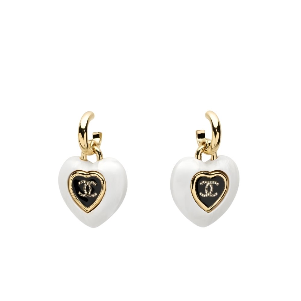 Ch**el Heart Logo Dangle Earrings In White With Gold