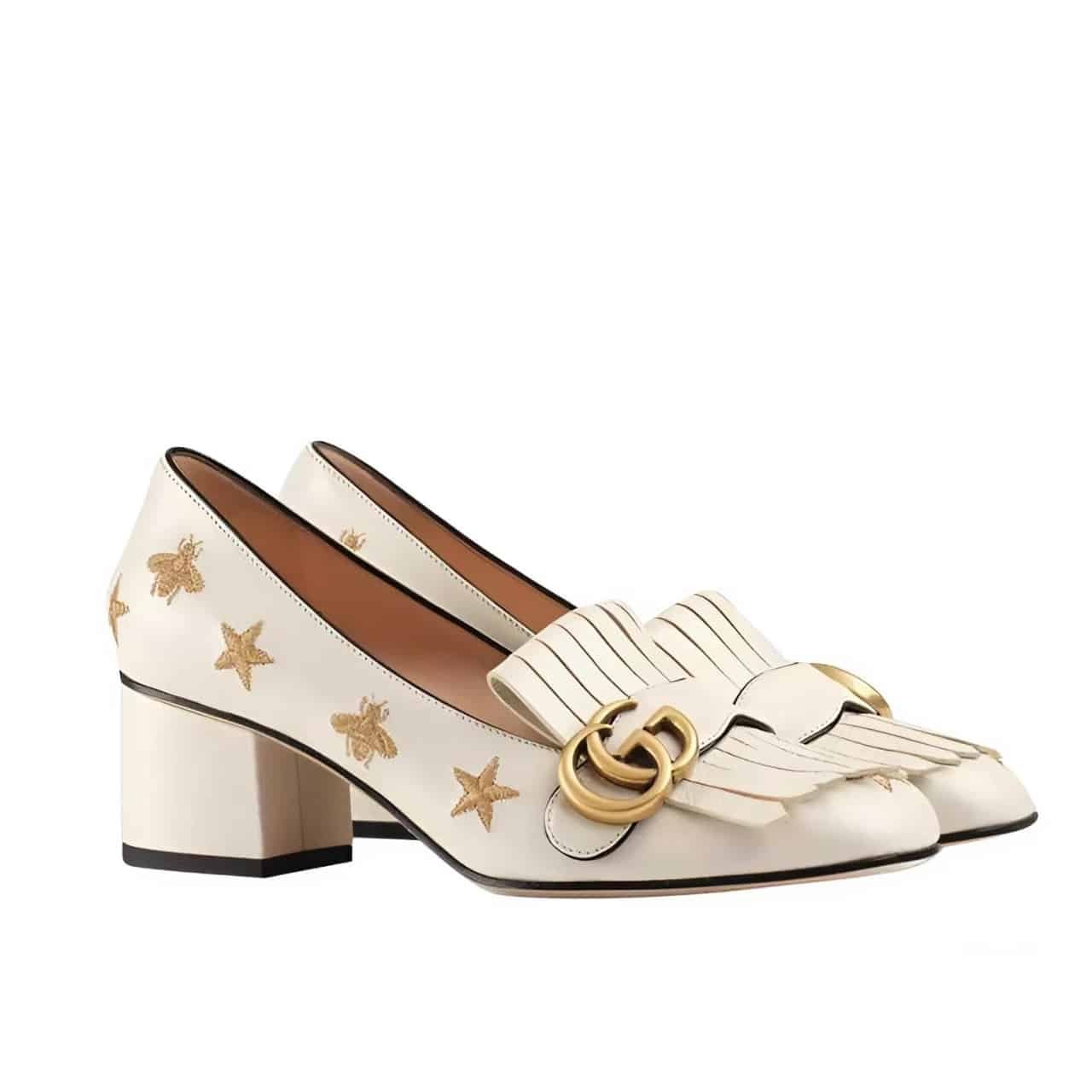 Gvc*1 Marmont Embroidered Leather Mid Heel Pump Bee Star White 551548 D3V00 9022