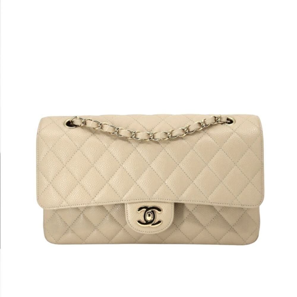 Ch**el Medium Classic Double Flap Bag Beige 25Cm A01113 Y04059 NZG77