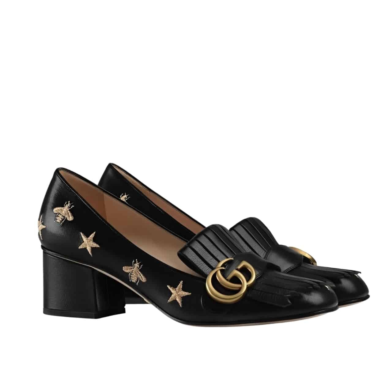 Gvc*1 Marmont Embroidered Leather Mid Heel Pump Bee Star Black 551548 D3V00 1000